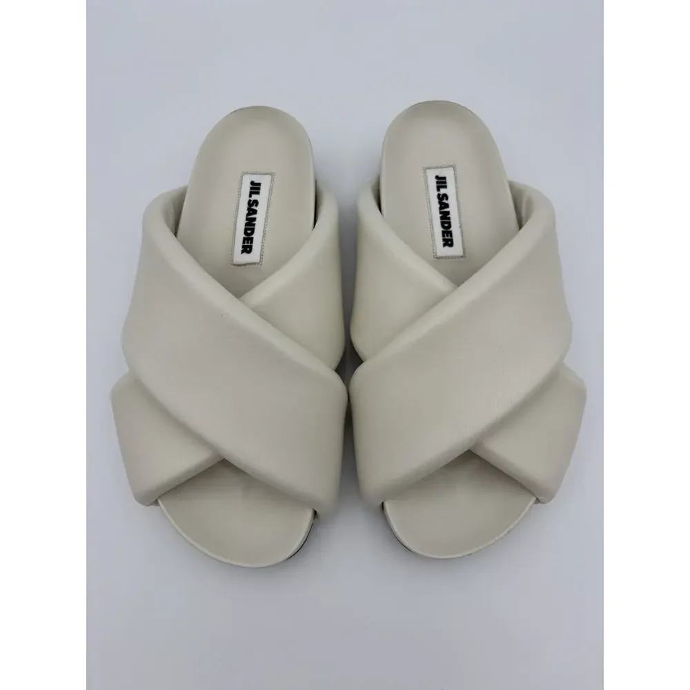 Jil Sander Padded Slides White Leather Size 38 / 8 Arch Support Puffy Pillow